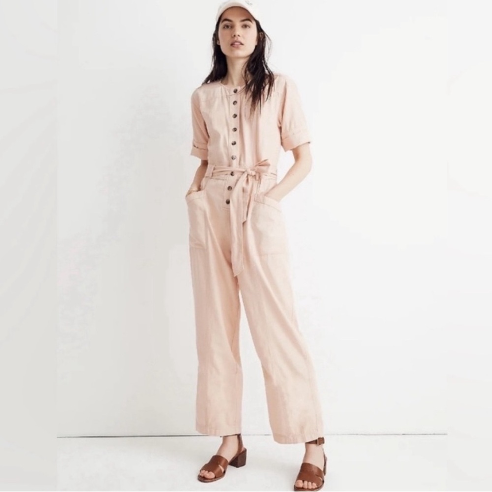 Madewell Light Pink Button Front Belted Utility Jumpsuit